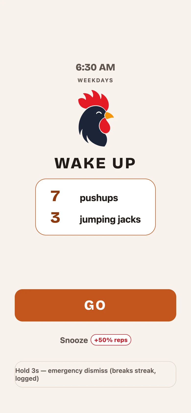 RoosterReps alarm screen showing the wake-up combo and a GO button